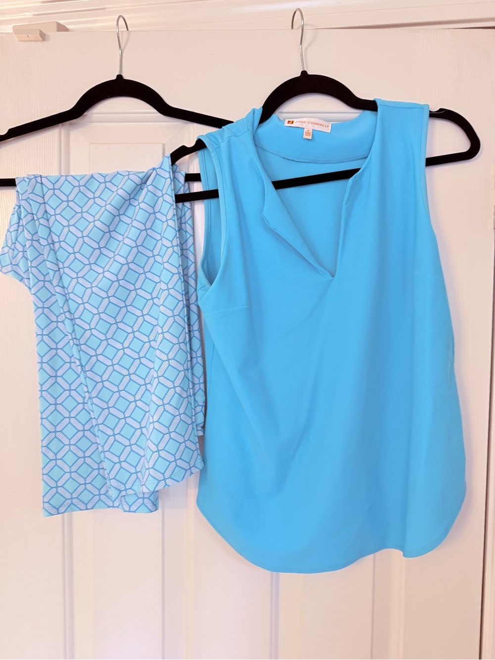 Jude Connally Bright Sky Blue Sleeveless Notch-Neck Top with Geometric Capris